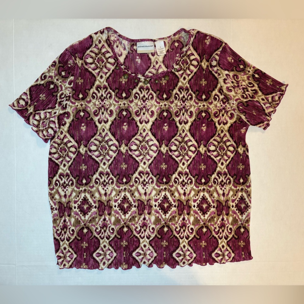 Alfred Dunner short sleeve beaded detail scoop neck blouse pleated purple 1X